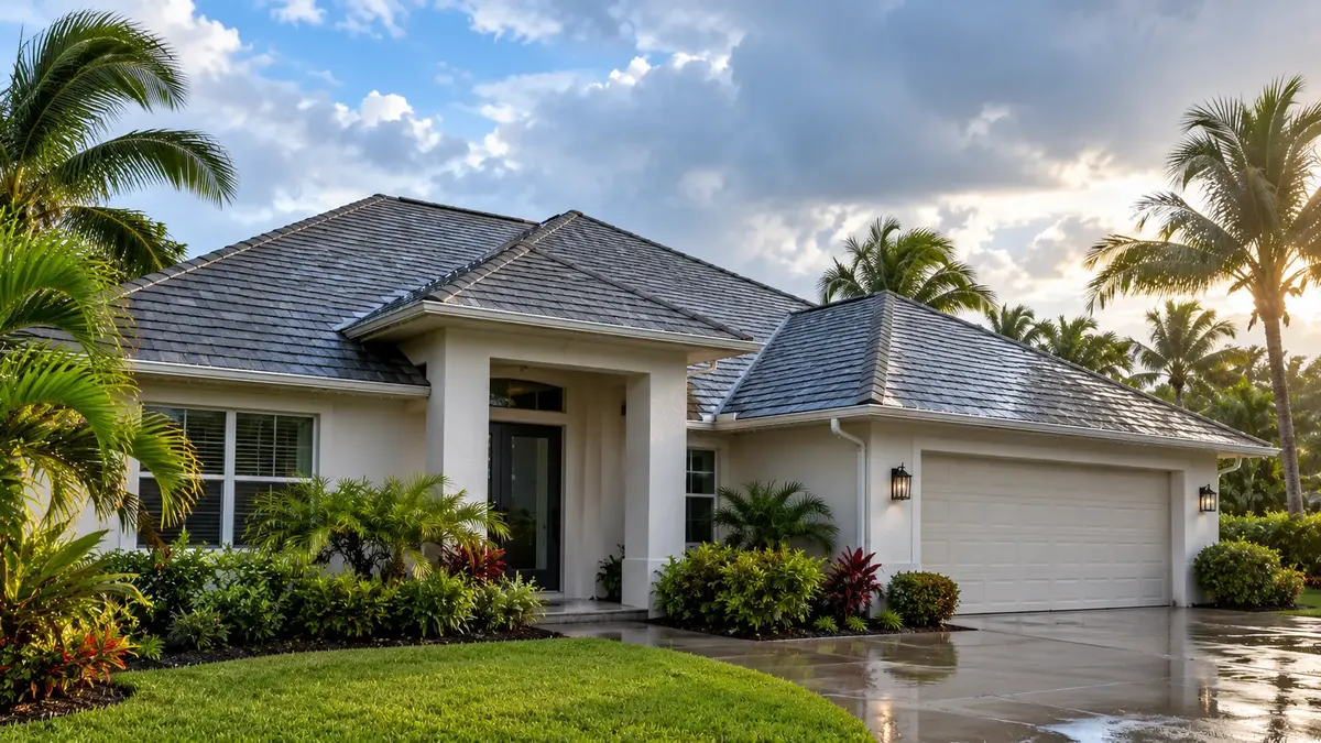 Dimensional asphalt shingle roof on a Southwest Florida home after rain