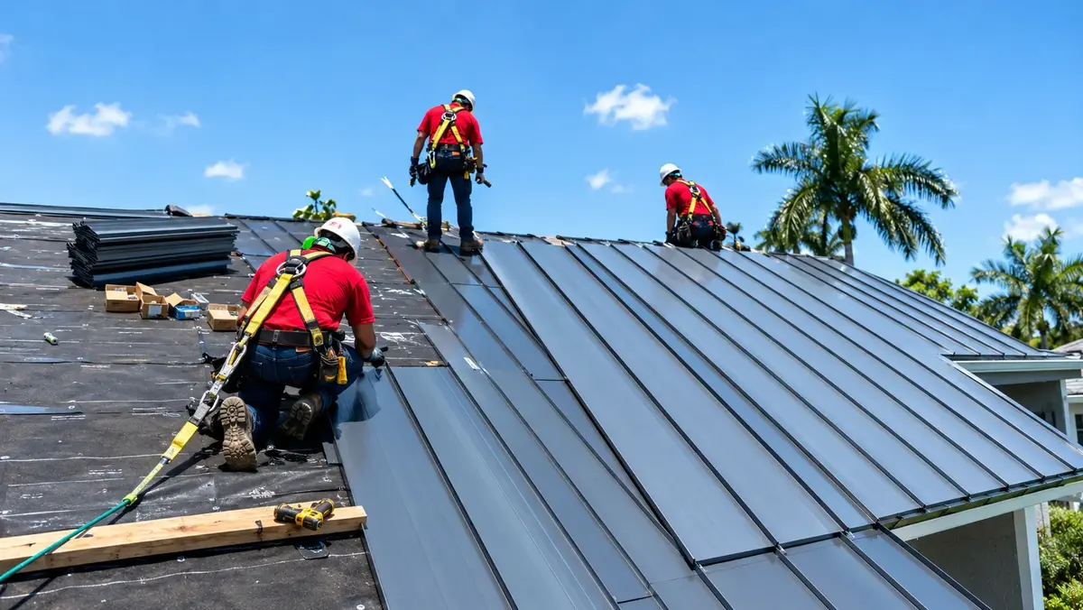 Roofing crew installing a standing seam metal roof in Southwest Florida